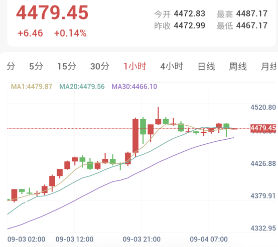 现货黄金1小时K线走势图:金价反弹后转入高位整理,交投于4479美元附近