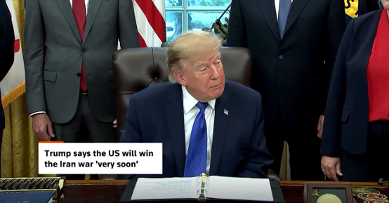 特朗普此前幾日於白宮向媒體表示US will win the iran war very soon