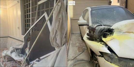 Gambar cantuman: Kenderaan yang rosak akibat serpihan peluru berpandu yang dipintas di kawasan kediaman di Riyadh pada 14 Oktober 2026, bersama kerosakan dalaman sebuah rumah akibat serpihan peluru berpandu jelajah pada 13 Oktober