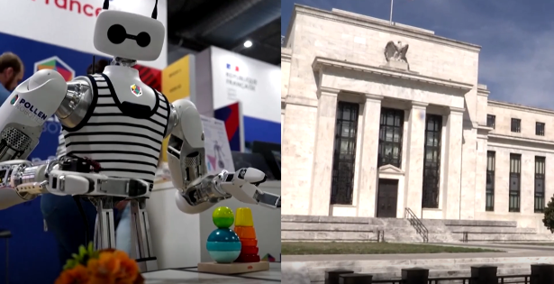 Imej gabungan robot AI dan bangunan Federal Reserve yang menggambarkan pelaburan AI serta dasar monetari AS